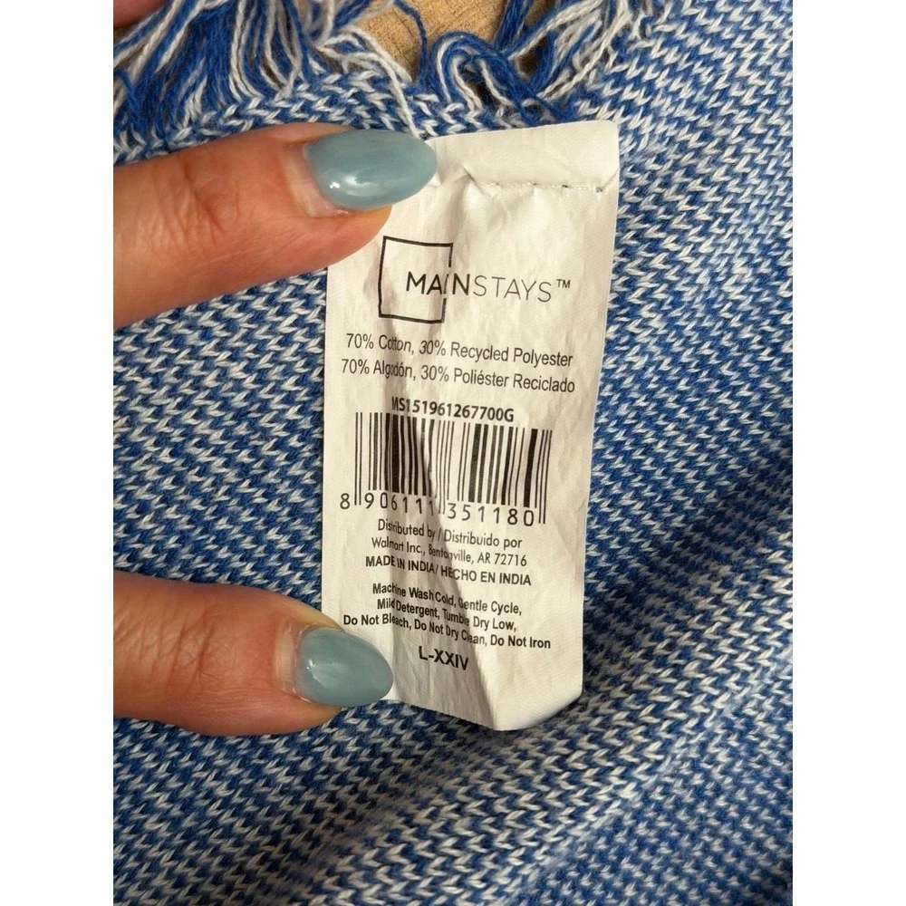 Mainstays Blue White Striped Throw Blanket Fringed Cotton Blend‎ 50x62